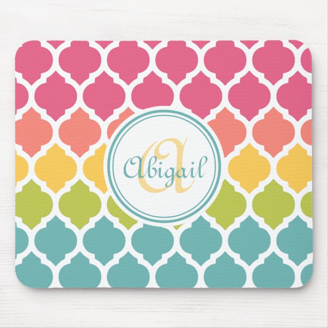 Monogrammed Blue Pink Moroccan Lattice Pattern Mouse Pad (Front)