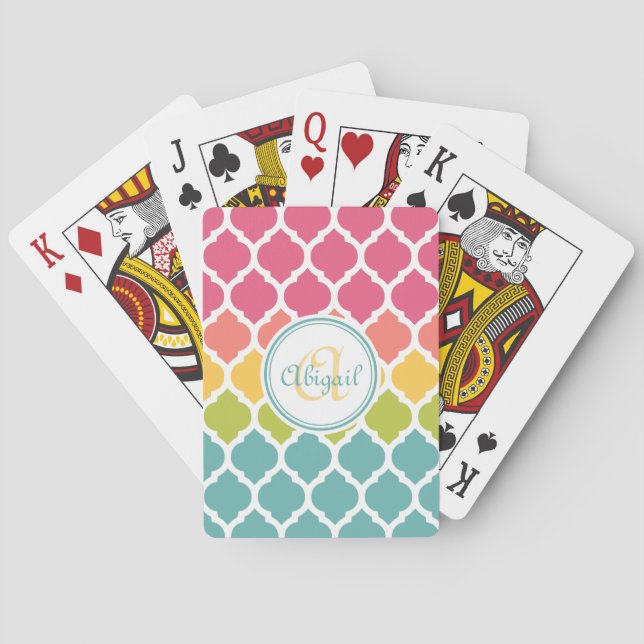 Monogrammed Blue Pink Moroccan Lattice Pattern Poker Cards (Back)