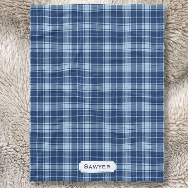 Monogrammed Blue Plaid Rustic Preppy Pattern Cozy Fleece Blanket (Creator Uploaded)