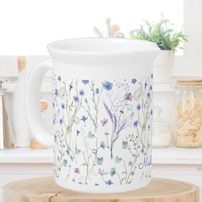 Monogrammed Blue Purple Pretty Wildflower Floral Beverage Pitcher (In situ)