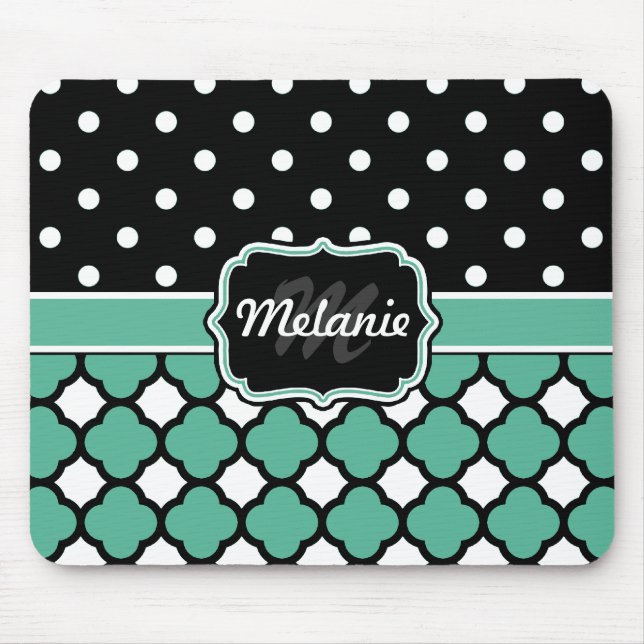 Monogrammed Blue Quatrefoil Lattice Polka Dot Mouse Pad (Front)