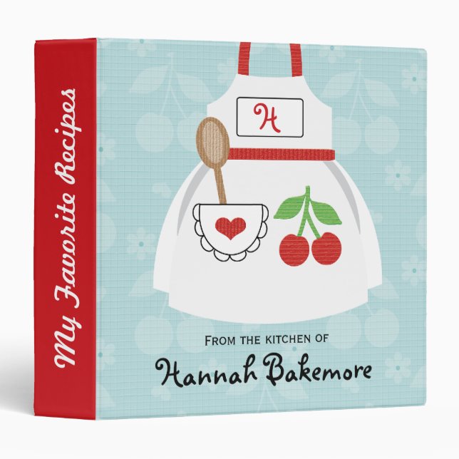 Monogrammed Blue Red Cherry Apron Recipe Binder (Front/Spine)