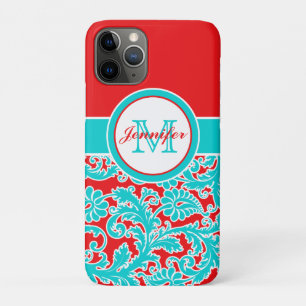 Monogrammed Blue, Red, White Damask iPhone 11 iPhone 11 Pro Case