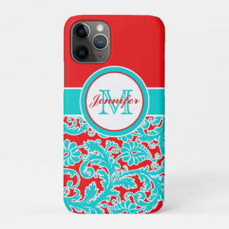 Monogrammed Blue, Red, White Damask iPhone 11 Pro Case