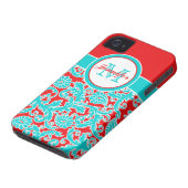 Monogrammed Blue, Red, White Damask iPhone 4 Case-Mate iPhone Case (Bottom)