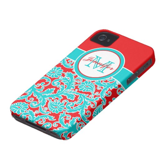 Monogrammed Blue, Red, White Damask iPhone 4 Case-Mate iPhone Case (Bottom)