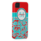 Monogrammed Blue, Red, White Damask iPhone 4 Case-Mate iPhone Case (Back/Right)