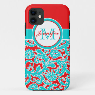 Monogrammed Blue, Red, White Damask iPhone 5 11 Case