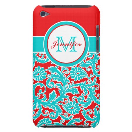 Monogrammed Blue Red White Damask Ipod Touch Case