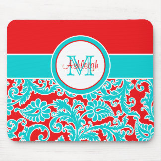 Monogrammed Blue Red White Damask Mousepad