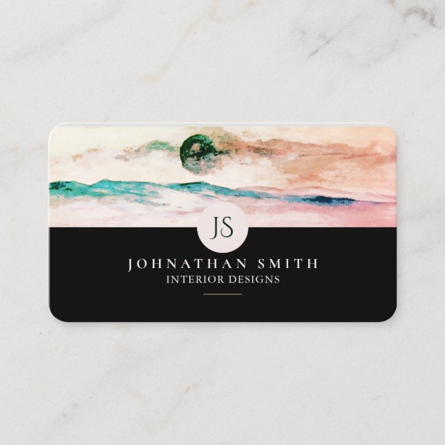 Monogrammed Blue Rose Gold Landscape Social Media Business Card (Front)