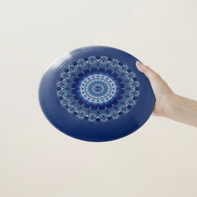 Monogrammed Blue Rosette Mandala Design Frisbee (In Hand)