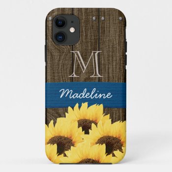 Monogrammed Blue Rustic Sunflower Iphone 11 Case by cutecases at Zazzle