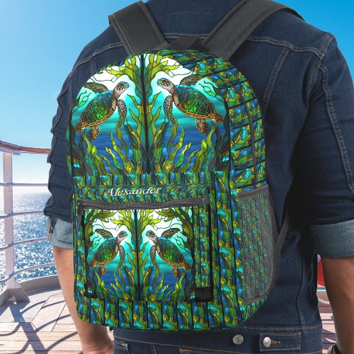 Monogrammed Blue Sea Turtles Stain Glass look Printed Backpack