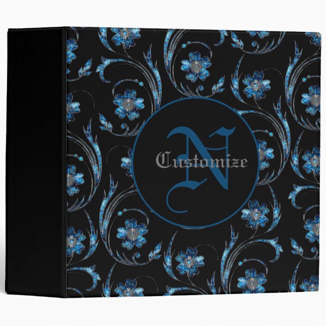 Monogrammed Blue Shimmer Floral 2 3 Ring Binder (Front/Spine)