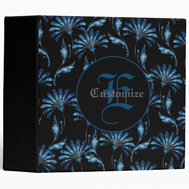 Monogrammed Blue Shimmer Floral  3 Ring Binder (Front/Spine)