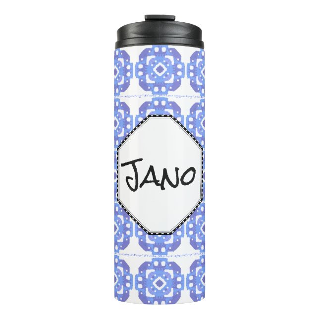 Monogrammed Blue Square Pattern Thermal Tumbler (Front)