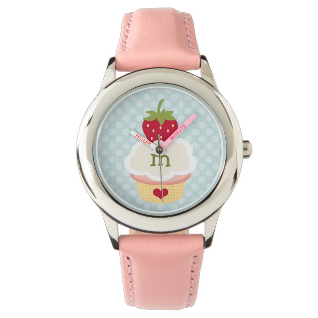 Monogrammed Blue Strawberry Cupcake Watch (Front)