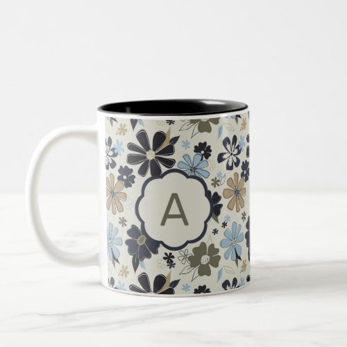 Monogrammed Blue Tan Flowers Outlined Floral Print Two_Tone Coffee Mug