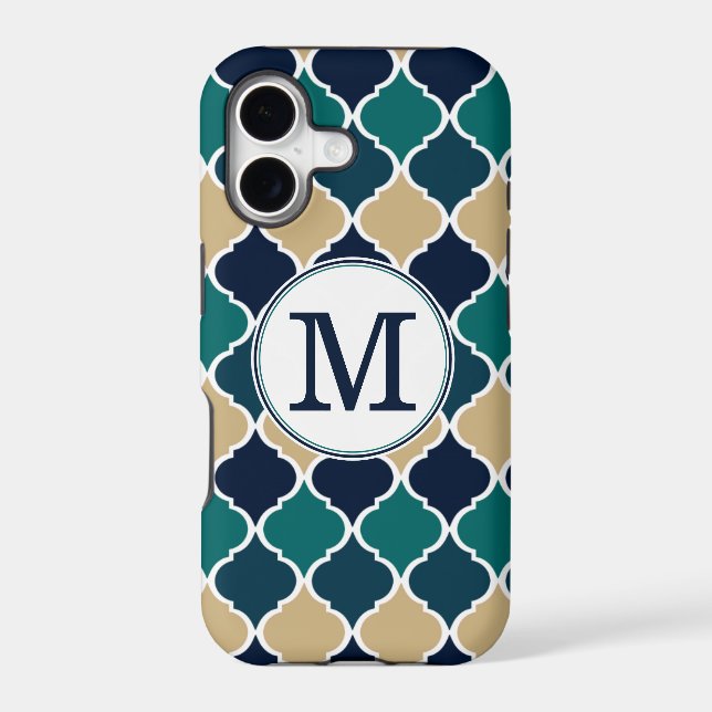 Monogrammed Blue Tan Moroccan Lattice Pattern Iphone Case (Back)