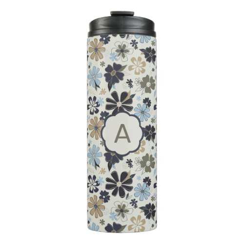 Monogrammed Blue Tan Olive Outline Flowers Floral Thermal Tumbler