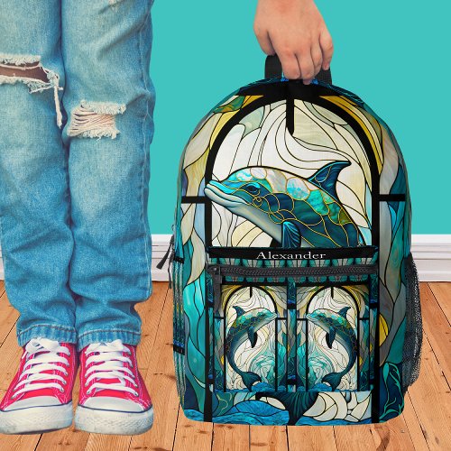 Monogrammed Blue Teal Dolphin Stain Glass look  Printed Backpack