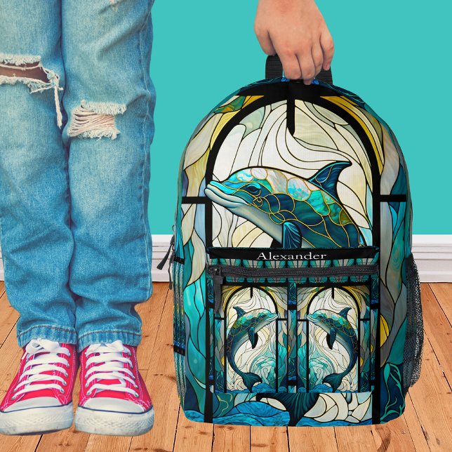 Monogrammed Blue Teal Dolphin Stain Glass look  Printed Backpack (Creator Uploaded)
