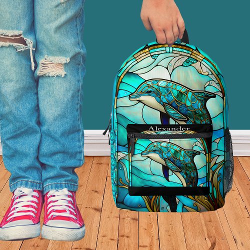 Monogrammed Blue Teal Dolphin Stain Glass look Printed Backpack