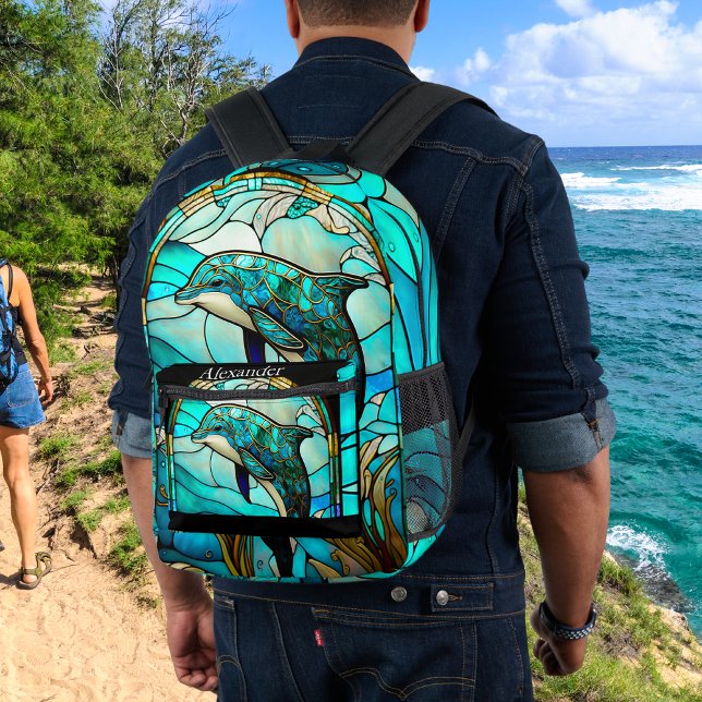 Monogrammed Blue Teal Dolphin Stain Glass look Printed Backpack (Creator Uploaded)