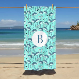 Monogrammed Blue Tropical Flamingos Beach Towel