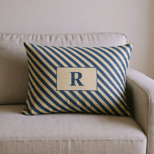Monogrammed Blue/Vanilla Stripes Lumbar Pillow