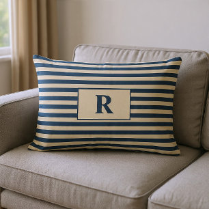 Monogrammed Blue/Vanilla Stripes Lumbar Pillow