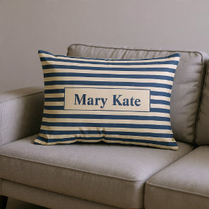 Monogrammed Blue/Vanilla Stripes Lumbar Pillow
