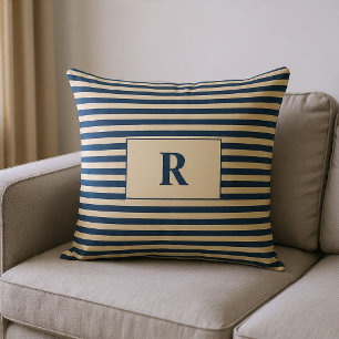 Monogrammed Blue/Vanilla Stripes Throw Pillow