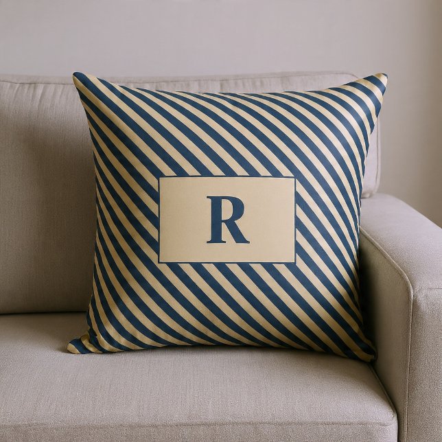 Monogrammed Blue/Vanilla Stripes Throw Pillow (Creator Uploaded)