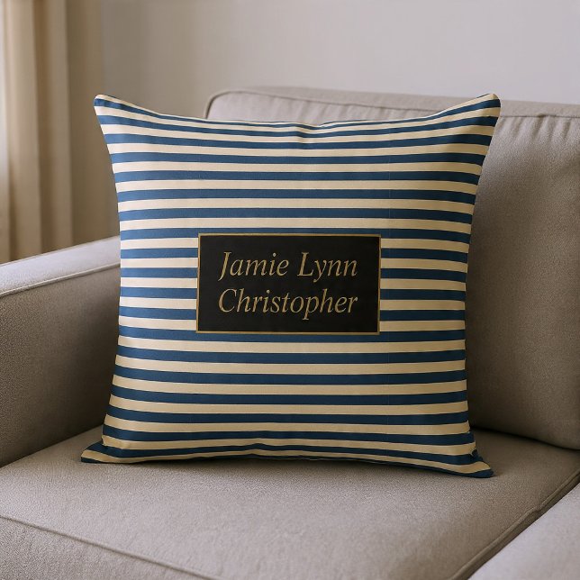 Monogrammed Blue/Vanilla Stripes Throw Pillow (Creator Uploaded)