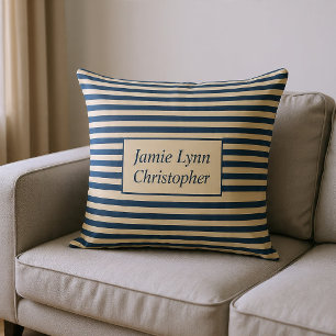 Monogrammed Blue/Vanilla Stripes Throw Pillow