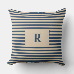 Monogrammed Blue/Vanilla Stripes Throw Pillow