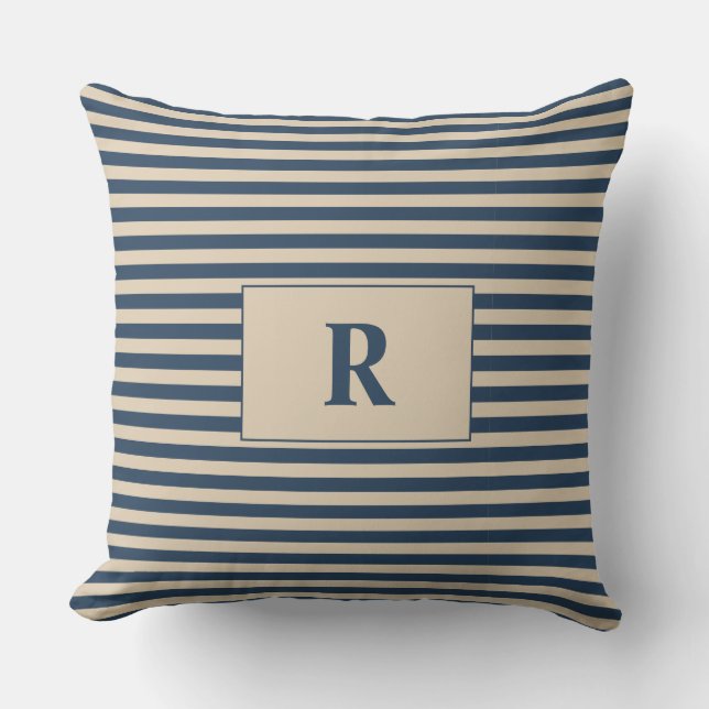 Monogrammed Blue/Vanilla Stripes Throw Pillow (Front)