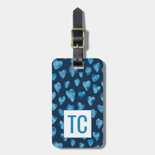 Monogrammed Blue Watercolor Love Heart Pattern Luggage Tag