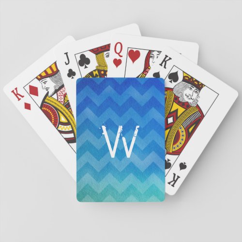 Monogrammed Blue Watercolor Ombre Zigzag Poker Cards