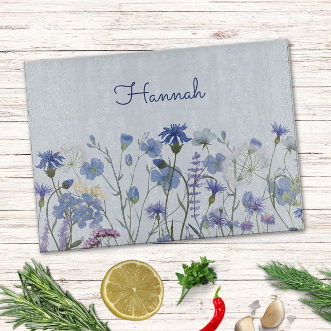 Monogrammed Blue Watercolor Wildflower Floral Cutting Board (In situ )