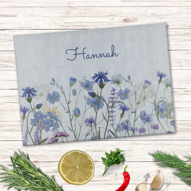 Discover Monogrammed Blue Watercolor Wildflower Floral Cutting Board