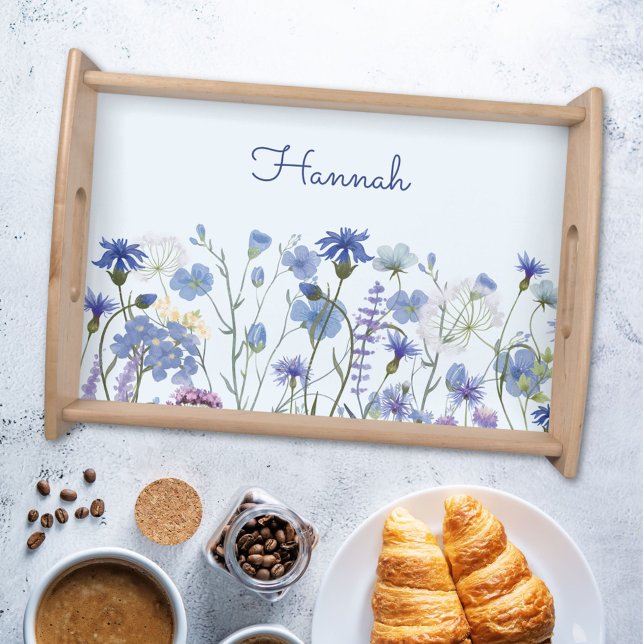 Monogrammed Blue Watercolor Wildflower Floral Serving Tray (In situ )