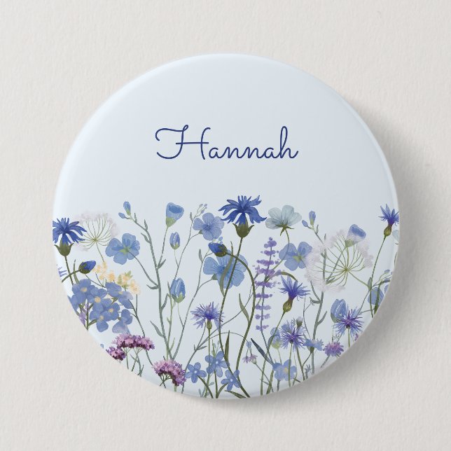 Monogrammed Blue Watercolor Wildflower garden Button (Front)