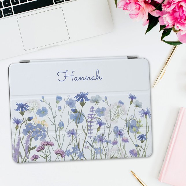 Monogrammed Blue Watercolor Wildflower Garden iPad Pro Cover (In situ)