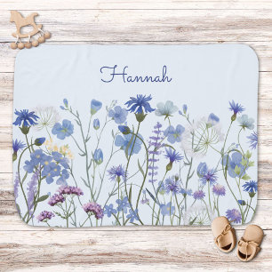 Monogrammed Blue Watercolor Wildflower Meadow Baby Blanket