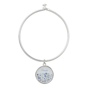 Monogrammed Blue Watercolor Wildflower Meadow Bangle Bracelet