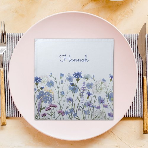 Monogrammed Blue Watercolor Wildflower Meadow Cloth Napkin