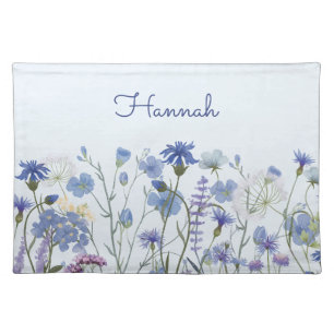 Monogrammed Blue Watercolor Wildflower Meadow Cloth Placemat